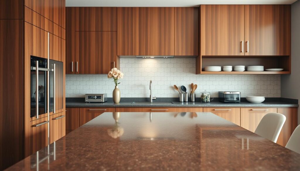 A beautifully arranged kitchen showcasing rich brown cabinetry with a perfectly coordinated countertop that complements the warm tones of the wooden furniture. In the foreground, there is a polished, modern kitchen island with a glossy, textured surface that seamlessly integrates with the cabinetry. The middle layer features stylish kitchen appliances and decorative elements, such as a contemporary vase with fresh flowers and carefully placed cooking utensils. The background shows sleek, minimalist shelving filled with dishware, enhancing the elegant look. Soft, natural lighting floods the space, creating a warm and inviting atmosphere. The angle captures a wide view of the kitchen, emphasizing cohesive design that combines functionality and sophistication, perfect for a modern style. A beautifully arranged kitchen showcasing rich brown cabinetry with a perfectly coordinated countertop that complements the warm tones of the wooden furniture. In the foreground, there is a polished, modern kitchen island with a glossy, textured surface that seamlessly integrates with the cabinetry. The middle layer features stylish kitchen appliances and decorative elements, such as a contemporary vase with fresh flowers and carefully placed cooking utensils. The background shows sleek, minimalist shelving filled with dishware, enhancing the elegant look. Soft, natural lighting floods the space, creating a warm and inviting atmosphere. The angle captures a wide view of the kitchen, emphasizing cohesive design that combines functionality and sophistication, perfect for a modern style.