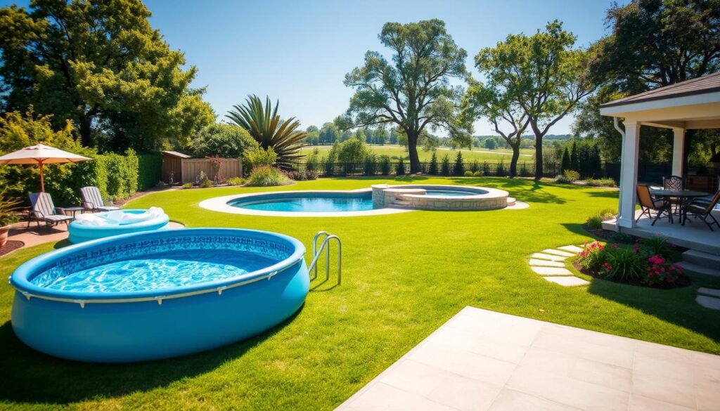 A beautifully designed backyard featuring a variety of swimming pool options, highlighting the differences in size and shape. In the foreground, a large rectangular above-ground pool with a deck, adjacent to a smaller round inflatable pool. The middle ground includes a stunning inground pool with a natural stone finish, surrounded by lush greenery and garden flowers. In the background, an open space with sunlight streaming through trees casts dappled shadows on the grass. The scene is shot from a slightly elevated angle to showcase the pool arrangement, with clear blue skies enhancing the vibrant colors. The atmosphere feels serene and inviting, ideal for enjoying warm summer days.