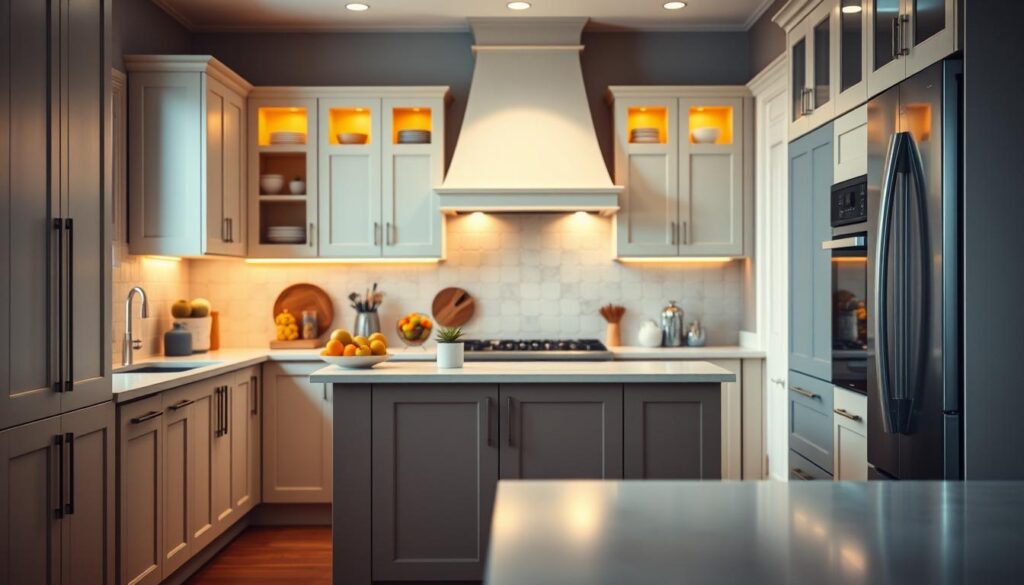 A beautifully organized kitchen showcasing furniture painted with durable, everyday-use kitchen paint. In the foreground, there are sleek cabinets with a smooth matte finish in soft pastel colors. The middle layer features a stylish kitchen island with contrasting color accents, hinting at versatility and modern design trends. In the background, warm ambient lighting illuminates ceramic dishes and fresh fruits, enhancing a cozy atmosphere. The angle is slightly tilted from above to present the depth of the space, highlighting the reflections and textures of the painted surfaces. Overall, the scene conveys a sense of freshness and practicality, suitable for an inspiring kitchen makeover.