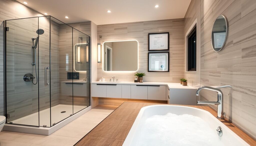 A beautifully renovated modern bathroom, showcasing elegant fixtures and clean lines. In the foreground, a luxurious bathtub filled with bubbles and a stylish shower with glass panels. The middle ground features a sleek vanity with a large mirror reflecting soft, warm lighting that creates an inviting atmosphere. The background reveals tasteful tiles in soft, neutral colors and framed certificates or documents on the wall, symbolizing tax deductions. The overall mood is professional yet cozy, emphasizing the importance of home improvement investments. The image should be well-lit, with soft, diffused lighting highlighting the textures and details, captured from a slight angle to create depth and interest. No people are present, ensuring the focus remains entirely on the bathroom's features and decor. A beautifully renovated modern bathroom, showcasing elegant fixtures and clean lines. In the foreground, a luxurious bathtub filled with bubbles and a stylish shower with glass panels. The middle ground features a sleek vanity with a large mirror reflecting soft, warm lighting that creates an inviting atmosphere. The background reveals tasteful tiles in soft, neutral colors and framed certificates or documents on the wall, symbolizing tax deductions. The overall mood is professional yet cozy, emphasizing the importance of home improvement investments. The image should be well-lit, with soft, diffused lighting highlighting the textures and details, captured from a slight angle to create depth and interest. No people are present, ensuring the focus remains entirely on the bathroom's features and decor.