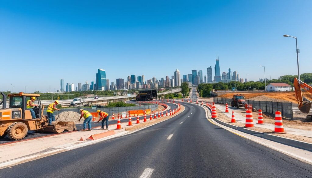 A bustling construction scene showing the distinct phases of road work: in the foreground, workers in professional attire are using tools for road repairs and renovations, with machinery such as asphalt pavers and excavators. In the middle ground, a partially constructed road is visible, showcasing marked sections for repair, a newly built road, and clear distinctions between the renovation zone and new construction areas, with orange cones and warning signs. The background features a city skyline under a clear blue sky, casting natural light on the scene. The atmosphere is dynamic and industrious, embodying the different processes of road maintenance and construction. The composition captures a wide-angle view, depicting a harmonious blend of activity and development.