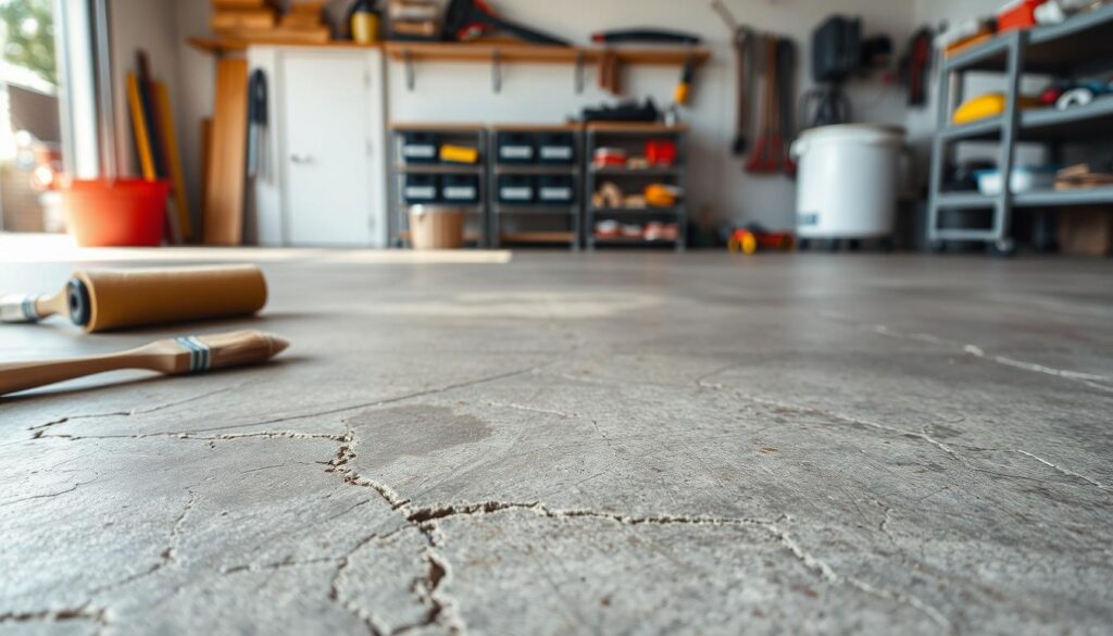 A close-up image showcasing the surface of a concrete floor before painting, focusing on the texture and condition of the concrete. In the foreground, highlight cracks, stains, and any discoloration on the concrete, demonstrating its wear and tear. The middle ground should include a glimpse of paint supplies like brushes and rollers, hinting at the preparation process. In the background, a well-lit garage setting with tools neatly organized on shelves, conveying a practical, industrious atmosphere. Use natural lighting to create soft shadows that emphasize the concrete’s imperfections. Capture this scene from a slightly lower angle to provide depth and detail, ensuring it feels informative and professional, suitable for a technical article.