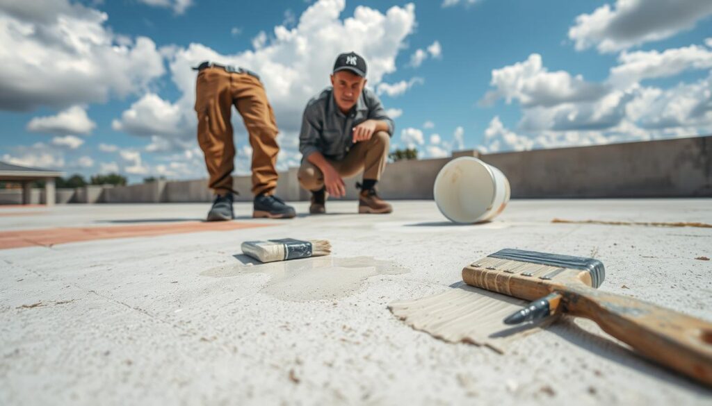 A close-up scene depicting a failed attempt at painting concrete, showcasing common mistakes. In the foreground, a half-finished concrete surface with visible runs, peeling paint, and uneven texture. A paintbrush with drips of paint lies discarded beside a spilled paint bucket. The middle ground features a worker in modest casual clothing, frowning in frustration while inspecting the paint job with a skeptical expression. The background captures an outdoor environment with a partly cloudy sky, emphasizing natural lighting that casts soft shadows. The atmosphere is one of caution and learning, highlighting the importance of proper techniques in painting concrete surfaces.