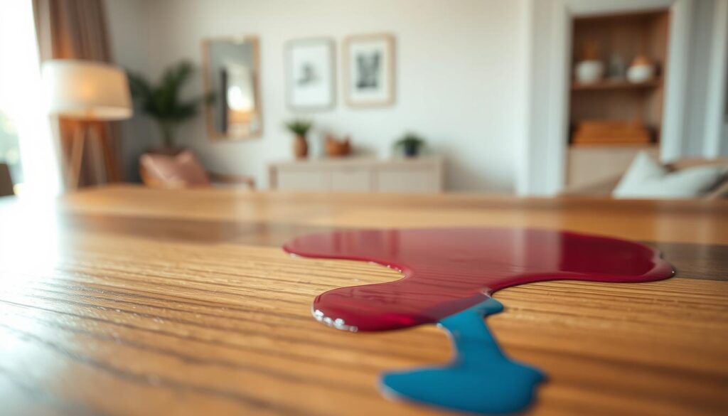 A close-up shot of a fresh hair dye stain on a wooden furniture surface, vividly showcasing the vibrant colors of the dye, such as deep burgundy and bright blue. The stain glistens under soft, warm ambient lighting, highlighting its texture against the polished wood grain. In the background, there is a softly blurred view of a well-organized room, with neutral-toned walls and tasteful decor, creating a calm and tidy atmosphere. The focus is on the stain, capturing the moment right after the spill, conveying a sense of urgency and concern for the furniture’s condition. The angle is slightly tilted to enhance the dynamic view of the stain, emphasizing its contrast with the furniture.