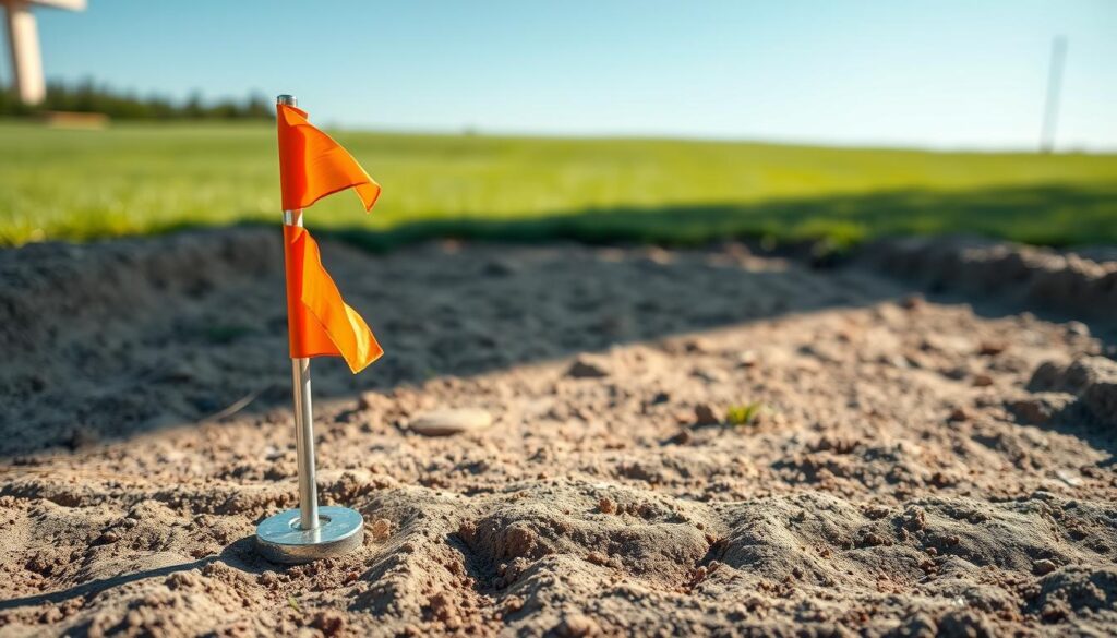 A close-up view of a construction site depicting the outline of a garage foundation marked with a taut string. In the foreground, a shiny, neat survey stake is planted firmly in the ground at one corner of the outline, with bright orange flags fluttering gently in the light breeze. The middle layer captures the long, straight line of string creating a clear rectangular shape, indicating dimensions precisely defined with construction chalk. The background features a lush green lawn and a clear blue sky, casting soft, natural light over the scene. The overall atmosphere conveys a sense of careful planning and organization, ideal for a methodical and professional approach to building. No text or watermarks present. A close-up view of a construction site depicting the outline of a garage foundation marked with a taut string. In the foreground, a shiny, neat survey stake is planted firmly in the ground at one corner of the outline, with bright orange flags fluttering gently in the light breeze. The middle layer captures the long, straight line of string creating a clear rectangular shape, indicating dimensions precisely defined with construction chalk. The background features a lush green lawn and a clear blue sky, casting soft, natural light over the scene. The overall atmosphere conveys a sense of careful planning and organization, ideal for a methodical and professional approach to building. No text or watermarks present.