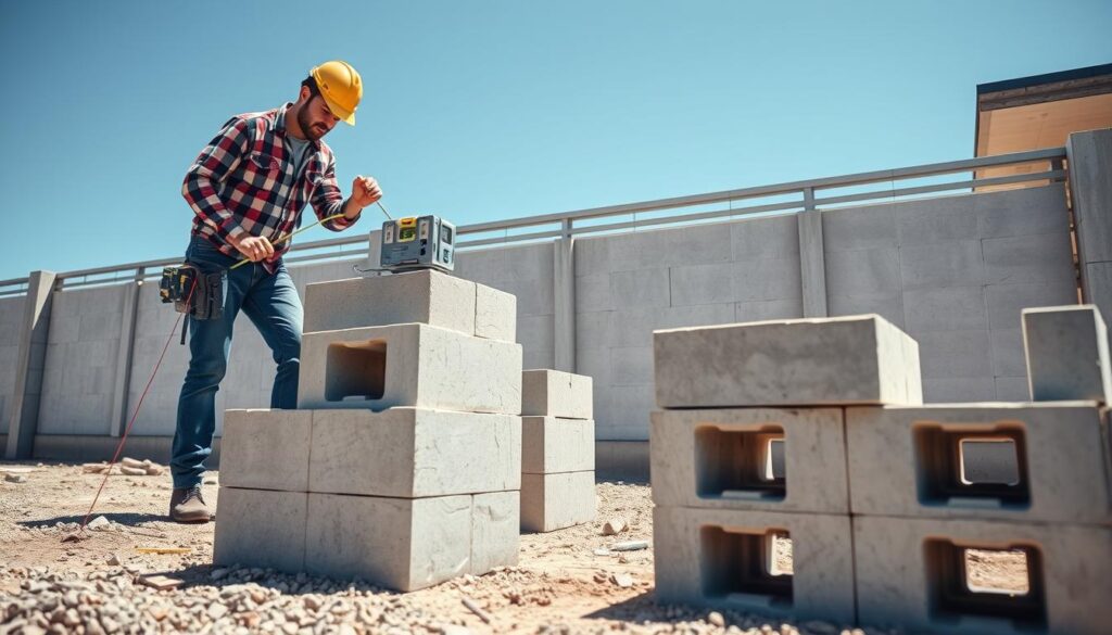 A close-up view of a construction site where workers are meticulously arranging architectural concrete blocks for a modern fence. In the foreground, two professionals in casual work attire are measuring and leveling the blocks with tools, highlighting their focus on precision. The midground showcases several neatly stacked blocks, with one worker checking the geometry with a laser level, emphasizing the importance of alignment. The background features a partially completed fence with clean lines against a clear blue sky, casting soft shadows on the ground. The scene is illuminated by natural sunlight, creating a bright and open atmosphere that conveys a sense of diligence and professionalism in the construction process.