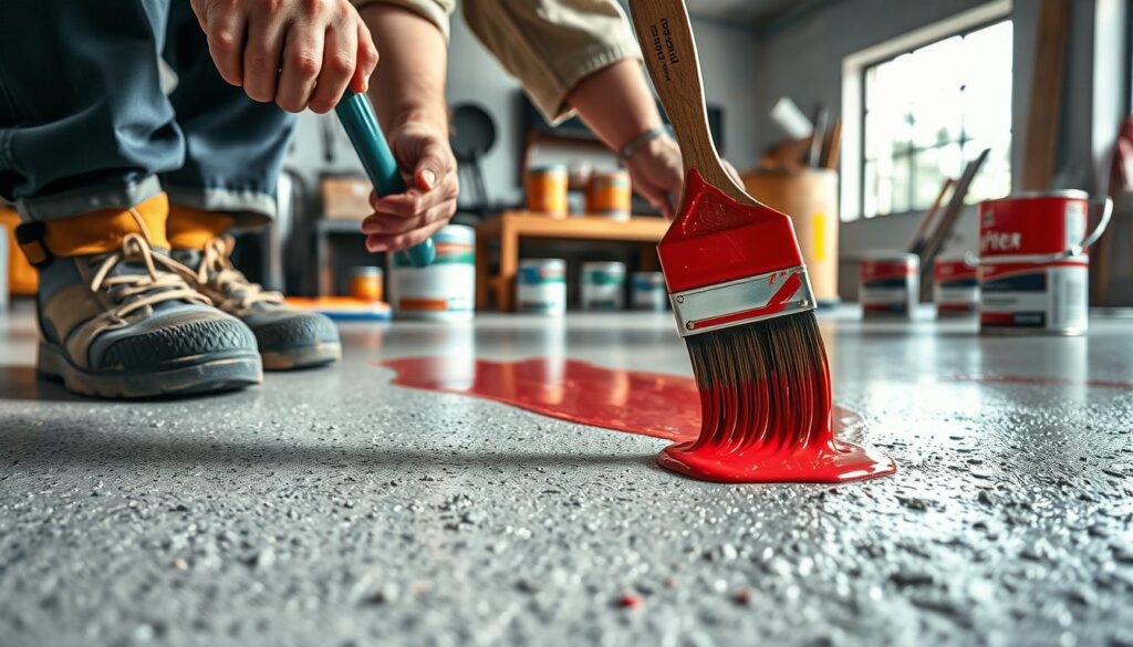 A close-up view of a painter carefully applying specialized concrete paint on a textured surface, highlighting the paint's properties like durability and resistance to abrasion. In the foreground, the painter, dressed in professional work attire, holds a brush dipped in vibrant paint, focusing intently on the application. The middle ground features the freshly painted concrete surface, with visible texture and an emphasis on the paint's glossy finish. In the background, a well-lit workshop environment showcases various paint cans and tools, with natural light streaming in, creating a productive atmosphere. Capture the essence of a professional setting, showcasing attention to detail and the importance of quality materials for long-lasting results.