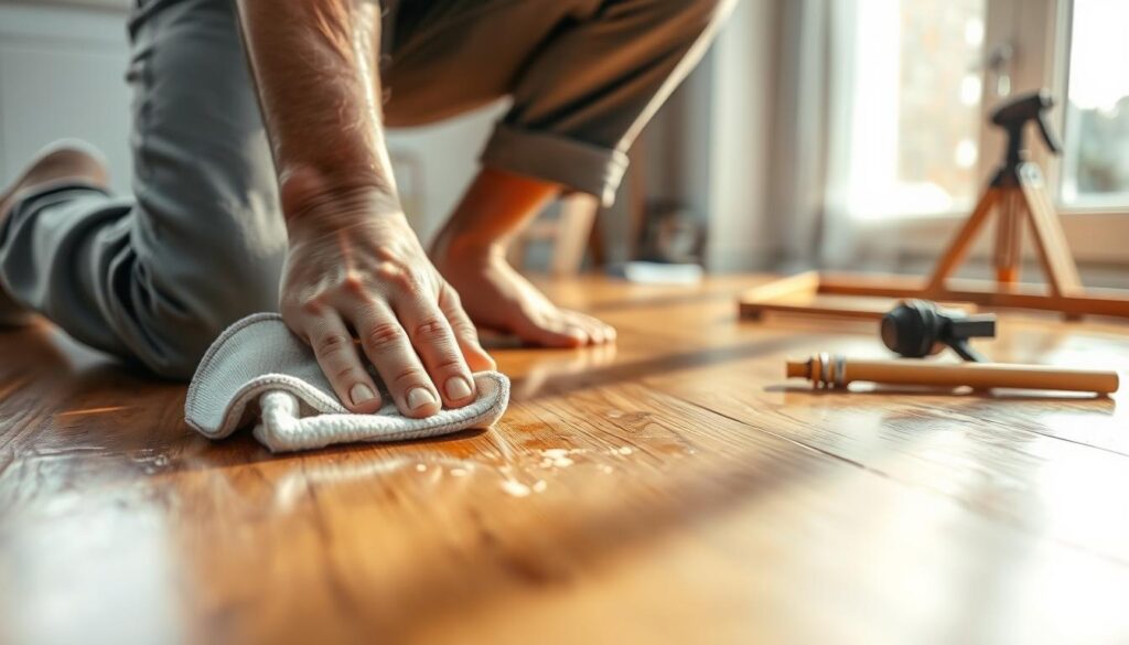 A close-up view of a person gently removing dried marks from a wooden floor using a soft cloth and a specialized cleaner. The individual, dressed in modest casual attire, is kneeling to carefully address the area, demonstrating a precise and cautious technique. In the foreground, the cloth is slightly damp and shows a little dirt, while the shiny floor surface reflects warm, natural light streaming in from a nearby window, creating a welcoming atmosphere. In the middle ground, glimpses of construction tools can be seen, subtly indicating the recent renovation without cluttering the scene. The background is softly blurred, hinting at a clean, organized room, enhancing the focus on the careful cleaning process. The overall mood is serene and meticulous, encapsulating the essence of thoughtful maintenance.
