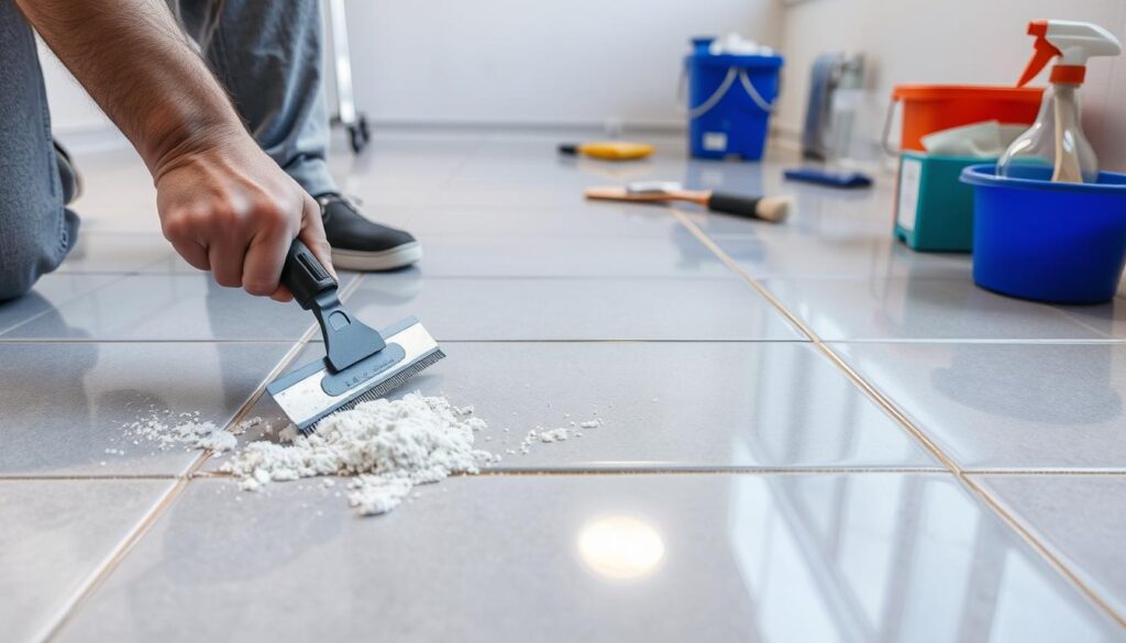 A close-up view of a spotless tiled surface with remnants of grout. In the foreground, a professional wearing modest casual clothing is using a scraper to carefully remove excess material from the edges of the tiles. The middle layer showcases gleaming, recently installed tiles, showcasing subtle reflections of light. In the background, a clean workspace is visible, featuring cleaning supplies like buckets, brushes, and a spray bottle. The lighting is bright and even, emphasizing cleanliness and preparation. The atmosphere conveys a sense of diligence and attention to detail, suitable for a task demanding precision and care. The focus is clear and sharp, pointing out the meticulous preparation required before the wet cleaning process begins. A close-up view of a spotless tiled surface with remnants of grout. In the foreground, a professional wearing modest casual clothing is using a scraper to carefully remove excess material from the edges of the tiles. The middle layer showcases gleaming, recently installed tiles, showcasing subtle reflections of light. In the background, a clean workspace is visible, featuring cleaning supplies like buckets, brushes, and a spray bottle. The lighting is bright and even, emphasizing cleanliness and preparation. The atmosphere conveys a sense of diligence and attention to detail, suitable for a task demanding precision and care. The focus is clear and sharp, pointing out the meticulous preparation required before the wet cleaning process begins.