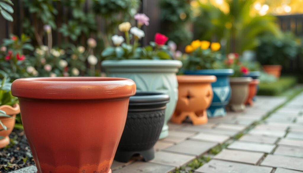 A close-up view of decorative planters featuring drainage holes and intricate finishing details. In the foreground, a beautifully crafted planter made from lightweight, frost-resistant materials shows a smooth surface with a vibrant color applied to enhance its aesthetic appeal. The middle ground displays variations of the planter in different sizes and colors, highlighting their unique designs and textures, while also revealing the carefully engineered drainage openings. In the background, a softly blurred garden setting filled with greenery creates a natural ambiance. The scene is illuminated with soft, warm natural light to evoke a peaceful, inviting atmosphere, and a slight depth of field is used to keep the focus on the planters.