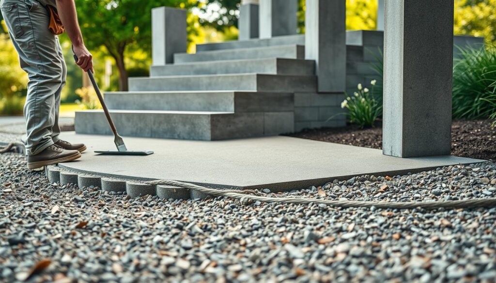 A close-up view of freshly mixed packaged concrete being poured around a set of modern outdoor stairs and sturdy concrete pillars. The foreground features a worker in modest, casual clothing, skillfully leveling the concrete with a trowel. In the middle ground, the stairs, made of textured concrete, exhibit a smooth finish, contrasting with the coarse gravel surrounding them. The pillars stand tall, showcasing precise detailing. The background shows a serene garden under soft, natural lighting, with blurred greenery hinting at depth. The scene captures a calm, industrious atmosphere, emphasizing the practical application of packaged concrete in small construction projects. The composition is shot with a shallow depth of field to focus on the concrete work.