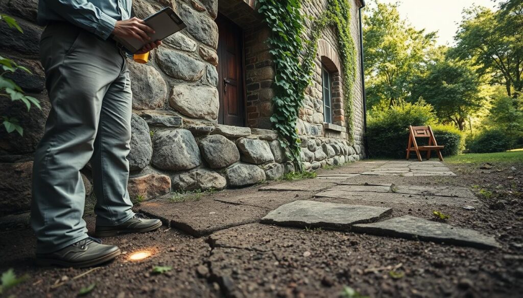 A close-up view of the foundation of an old stone house, showcasing visible signs of wear such as cracks and erosion. In the foreground, a professional engineer in modest casual clothing inspects the foundation with a clipboard and flashlight, examining the details closely. The middle ground features the weathered stone structure, with ivy creeping along the edges, hinting at age and neglect. The background includes a lush garden under soft, diffused sunlight, creating a serene atmosphere, while emphasizing the importance of maintaining the foundation. The image is captured with a wide-angle lens to accentuate the details of the foundation and its surrounding environment, evoking a sense of careful assessment and professional scrutiny.