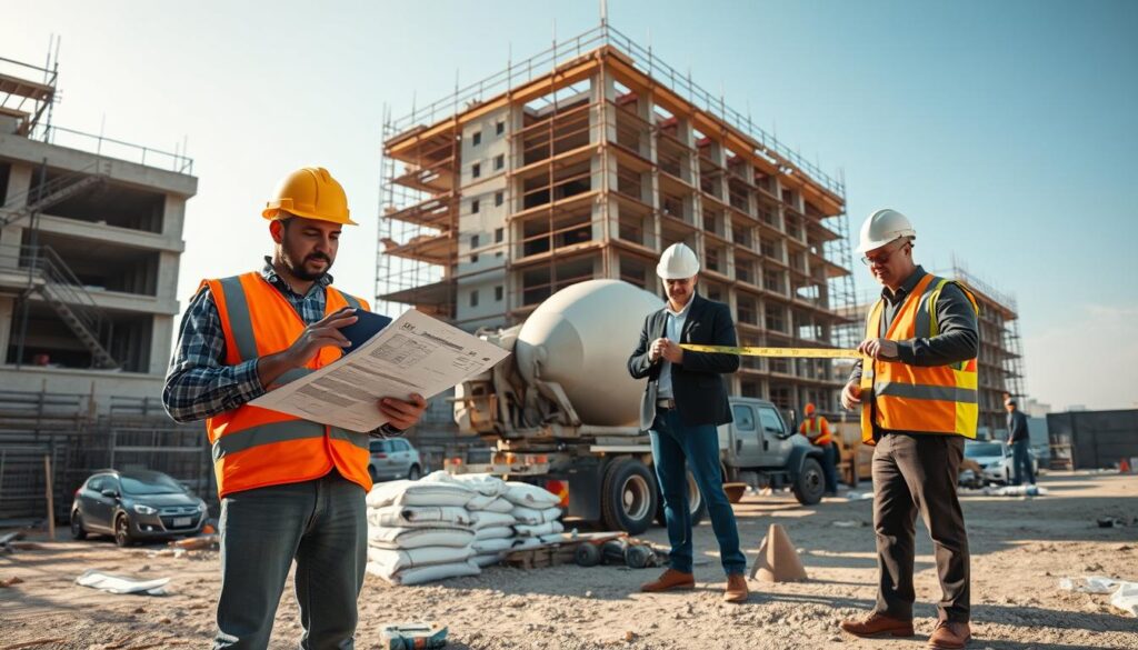 A construction site featuring several workers in professional attire, carefully calculating the amount of concrete needed for a project. In the foreground, a construction worker examines blueprints and uses a calculator, while another worker measures a concrete mixer truck with a tape measure. In the middle ground, there's a pile of concrete bags and construction tools scattered around. The background shows a half-finished building structure with scaffolding under a clear blue sky. Soft, natural lighting illuminates the scene, creating a focused, industrious atmosphere. The angle is slightly elevated, capturing the scale of the site and the workers' diligent efforts.