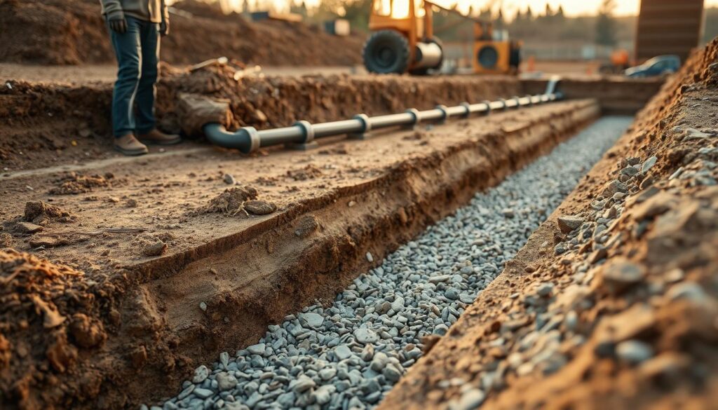 A construction site focusing on a freshly dug trench for a heat pump foundation, showcasing layers of soil and gravel arranged for optimal drainage. In the foreground, detailed textures of exposed earth and small stones are visible, with a worker dressed in professional attire examining the site. The middle ground features clearly defined layers of substrate, showing distinct earth strata, while pipes are partially buried for connecting drainage solutions. The background includes machinery and tools, illuminated by soft, natural lighting suggesting early morning or late afternoon. The overall atmosphere is industrious and focused, capturing the essence of careful preparation for effective heat pump installation and drainage. A construction site focusing on a freshly dug trench for a heat pump foundation, showcasing layers of soil and gravel arranged for optimal drainage. In the foreground, detailed textures of exposed earth and small stones are visible, with a worker dressed in professional attire examining the site. The middle ground features clearly defined layers of substrate, showing distinct earth strata, while pipes are partially buried for connecting drainage solutions. The background includes machinery and tools, illuminated by soft, natural lighting suggesting early morning or late afternoon. The overall atmosphere is industrious and focused, capturing the essence of careful preparation for effective heat pump installation and drainage.