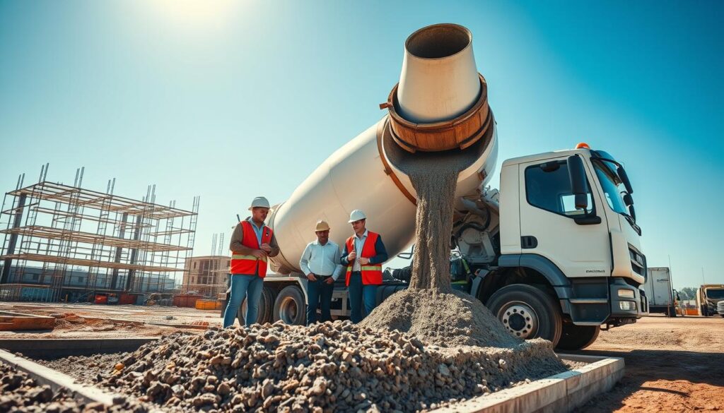 A construction site in action, featuring a concrete mixer truck (gruszka) actively unloading fresh concrete. In the foreground, show the truck with its chute extended, pouring concrete into a prepared area on the ground. In the middle, workers in professional attire carefully monitor the process, using tools to direct the flow and ensure accuracy. The background shows a partially built structure, scaffolding, and other construction equipment under a clear blue sky. The lighting is bright and natural, highlighting the texture of the concrete and the expressions of the workers. Capture a sense of focus and collaboration, emphasizing the efficient and precise nature of construction logistics. The overall atmosphere is industrious and energetic, showcasing teamwork and commitment to quality.