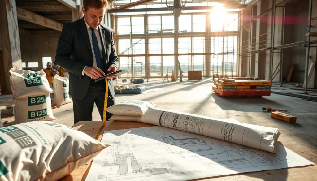 A construction site scene focused on calculating the concrete volume for a floor slab. In the foreground, a professional in business attire is using a calculator and measuring tape, surrounded by bags of B25 concrete mix. In the middle ground, an open plan with blueprints scattered across a table, showing detailed diagrams of the area where the concrete will be poured. In the background, a partially finished building structure, with scaffolding and construction tools. Bright, natural lighting streams in, highlighting the importance of precision in calculations. The mood is focused and industrious, with an emphasis on accuracy and professionalism in construction work. A construction site scene focused on calculating the concrete volume for a floor slab. In the foreground, a professional in business attire is using a calculator and measuring tape, surrounded by bags of B25 concrete mix. In the middle ground, an open plan with blueprints scattered across a table, showing detailed diagrams of the area where the concrete will be poured. In the background, a partially finished building structure, with scaffolding and construction tools. Bright, natural lighting streams in, highlighting the importance of precision in calculations. The mood is focused and industrious, with an emphasis on accuracy and professionalism in construction work.