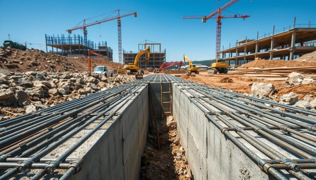A construction site showcasing a detailed concrete encasement around reinforcing steel bars in a foundation trench. In the foreground, display a well-organized arrangement of steel rebars, meticulously placed and secured, highlighting their critical role in structural stability. The middle ground features a freshly excavated trench, with the concrete shell expertly formed to encase the rebars. In the background, include construction equipment and unfinished structures under a clear blue sky to suggest an active worksite. Use bright, natural lighting to emphasize the textures of the concrete and steel. The atmosphere should be industrious, capturing the essence of careful engineering practice, while ensuring a professional and safe depiction of the site.