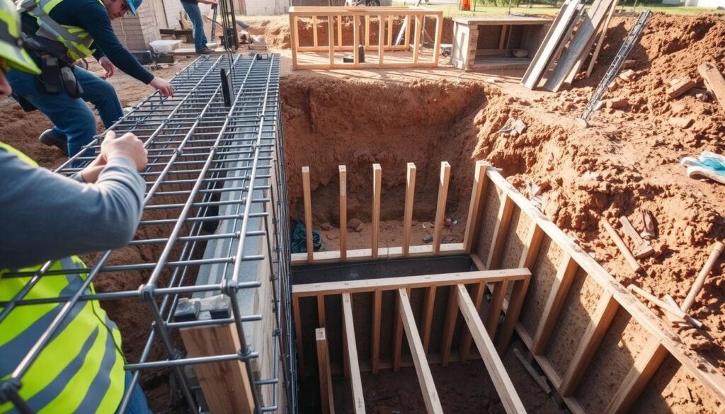 A construction site showcasing fundamental reinforcement and formwork preparation for a residential home foundation. In the foreground, a crew of workers, dressed in safety gear and professional clothing, is assembling steel reinforcement bars, meticulously crafting a sturdy framework. The middle ground features wooden forms being set up, defining the shape of the foundation. In the background, a partially dug trench reveals the ground, surrounded by tools and materials scattered around. The scene is bathed in soft morning light, creating gentle shadows that highlight the textures of the soil and structures. The angle captures the dynamic activity on site, giving a sense of purpose and dedication to building a solid and safe foundation for future generations.