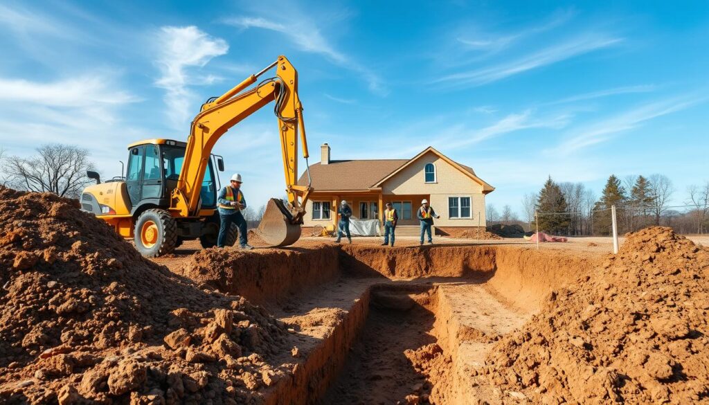 A construction site showcasing the excavation of a foundation for a house. In the foreground, a backhoe is actively digging a large trench, with piles of excavated dirt on either side. A few workers, dressed in professional work attire with hard hats and safety vests, are using tools to measure and assess the dig site. In the middle ground, clear outlines of the building's foundation are marked with string and wooden stakes, enhancing the planning phase. The background features a clear blue sky, with wispy clouds, and the outlines of nearby trees. Soft, natural daylight casts realistic shadows across the site, creating an atmosphere of focused labor and preparation, as essential earthwork takes place for the new construction.