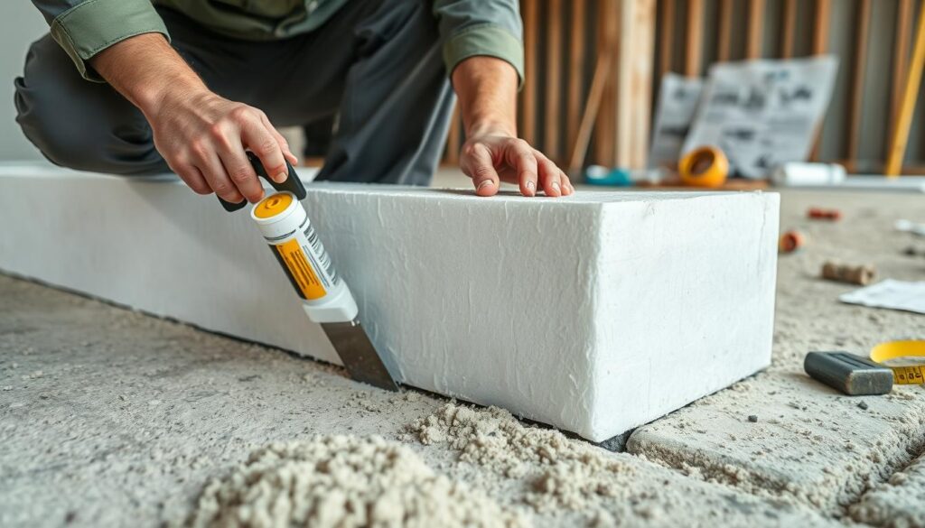 A construction worker in a professional outfit carefully installing thick, white styrofoam insulation panels around the base of a building foundation, focusing on the precision of the seams for optimal thermal performance. The foreground features detailed close-ups of the worker’s hands applying adhesive to the panels. In the middle ground, the freshly applied insulation is shown tightly fitted against a concrete foundation, with tools like a trowel and measuring tape nearby. The background illustrates a partially completed building site with blueprints and equipment scattered around. Soft, natural daylight illuminates the scene, highlighting the clean lines and textures of the materials. The mood is industrious and focused, emphasizing the importance of proper insulation in energy efficiency.
