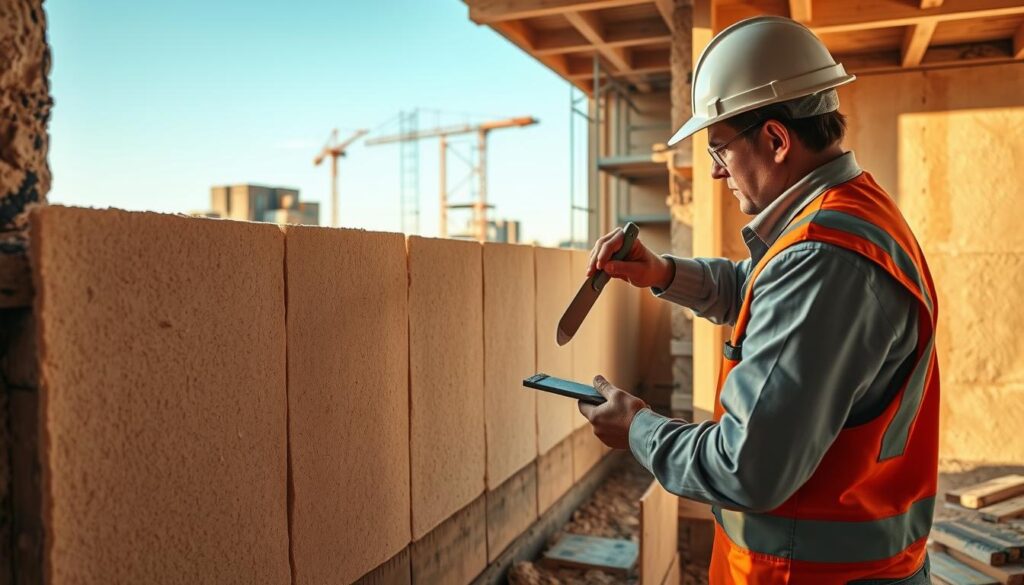 A construction worker in professional attire carefully applying XPS foam boards to a foundation wall. The scene captures the worker using a trowel to spread adhesive on the wall, demonstrating the technique of securing the XPS boards. The foreground shows the worker focused on the task, with tools and XPS sheets nearby. In the middle ground, several completed sections of the wall are visible, showcasing the smooth installation of insulation. The background features a building site with other construction elements, such as scaffolding and construction materials. Soft, natural lighting illuminates the scene, highlighting the texture of the XPS boards and the worker’s concentration on the project. The atmosphere conveys diligence and professionalism in a construction setting.