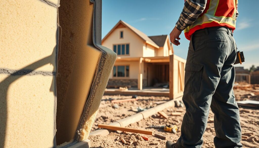 A construction worker in professional attire, demonstrating the installation of thermal insulation on foundation walls. In the foreground, detailed view of high-density foam boards being carefully fitted into place to ensure a seamless seal. The middle ground features partially completed foundation walls, showcasing the insulated sections alongside exposed wall areas, with tools and materials scattered nearby. In the background, a partially built house emerging under a clear blue sky, indicating a sunny day. Soft sunlight casts gentle shadows, highlighting textures of the insulation materials. The atmosphere is industrious and focused, emphasizing the importance of effective thermal insulation in building foundations, capturing a sense of progress and professionalism.
