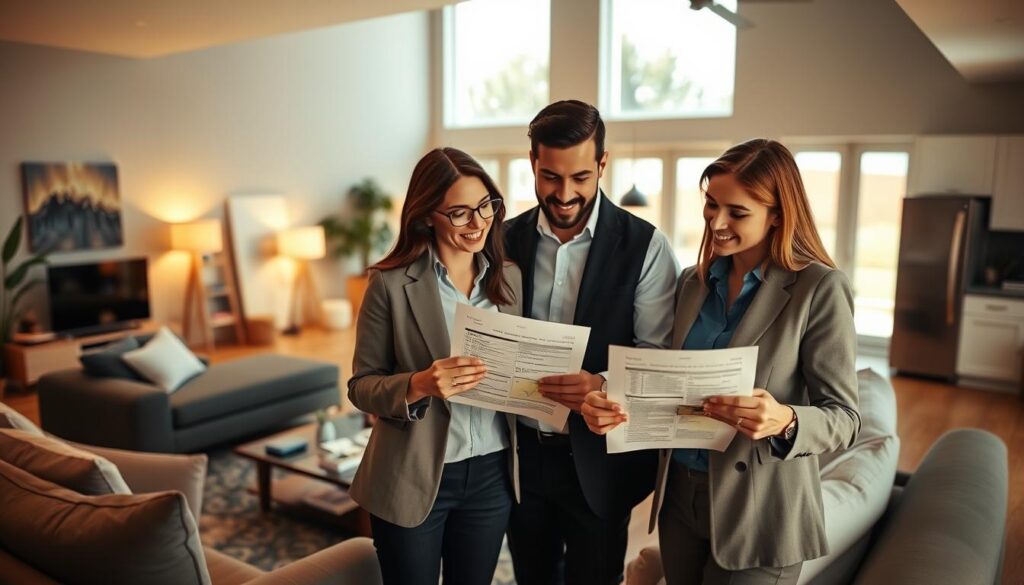 A contemporary living room featuring a family discussing home renovation ideas, with mood lighting creating a warm atmosphere. In the foreground, a couple of professionals in smart casual attire are studying documents related to tax deductions for home renovations. The middle ground showcases a stylish, partially renovated space, displaying modern furniture and paint samples. In the background, large windows invite natural light, illuminating energy-efficient materials like insulation and eco-friendly appliances. The overall ambiance is one of optimism and practicality, highlighting the importance of financial benefits connected to home improvement. The angle should be slightly elevated, providing a comprehensive view of the room while keeping the focus on the engaged couple.