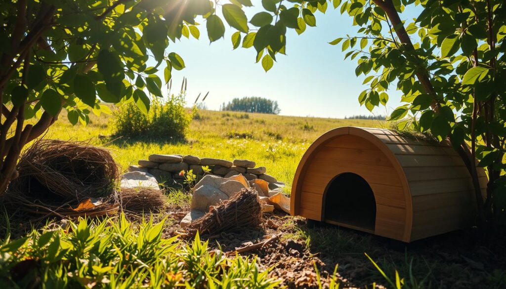 A cozy hedgehog house nestled in a lush garden, surrounded by natural hiding spots like dry leaves, stones, and flower bushes. In the foreground, a small wooden hedgehog home with a curved entrance, partially hidden by greenery. In the middle, various natural shelters such as a pile of twigs, a stone wall, and a few scattered wildflowers. In the background, a sunny meadow under a clear blue sky, creating a warm and inviting atmosphere. Soft golden sunlight filtering through the leaves, casting dappled shadows on the ground. Capture this serene scene with a focus on the harmony between the hedgehog habitat and its natural surroundings, emphasizing the peaceful coexistence with nature.