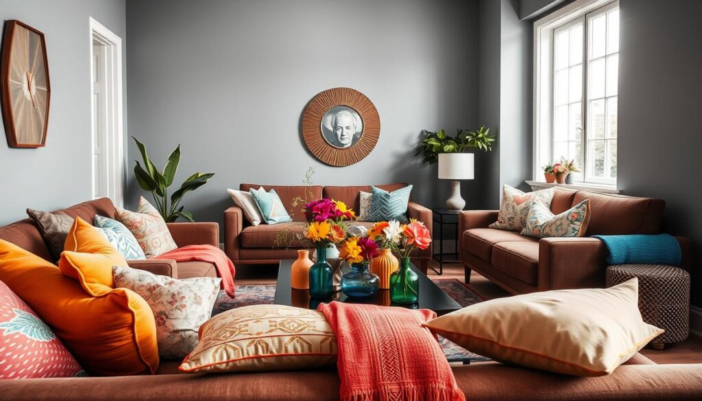 A cozy interior featuring gray walls paired with rich brown furniture, showcasing vibrant decorative accents and textiles. In the foreground, a stylish arrangement of colorful cushions, a bright throw blanket, and a lively patterned rug enhance the warmth of the space. The middle ground includes a coffee table adorned with a selection of colorful vases filled with fresh flowers and a few artful decor pieces that pop against the brown furnishings. The background highlights the smooth gray walls, illuminated by soft, natural lighting filtering through a nearby window, creating an inviting atmosphere. Capture the scene from a slight angle to emphasize depth and texture while maintaining a harmonious balance between colors, evoking a fresh and uplifting mood in the gray-brown setting. A cozy interior featuring gray walls paired with rich brown furniture, showcasing vibrant decorative accents and textiles. In the foreground, a stylish arrangement of colorful cushions, a bright throw blanket, and a lively patterned rug enhance the warmth of the space. The middle ground includes a coffee table adorned with a selection of colorful vases filled with fresh flowers and a few artful decor pieces that pop against the brown furnishings. The background highlights the smooth gray walls, illuminated by soft, natural lighting filtering through a nearby window, creating an inviting atmosphere. Capture the scene from a slight angle to emphasize depth and texture while maintaining a harmonious balance between colors, evoking a fresh and uplifting mood in the gray-brown setting.