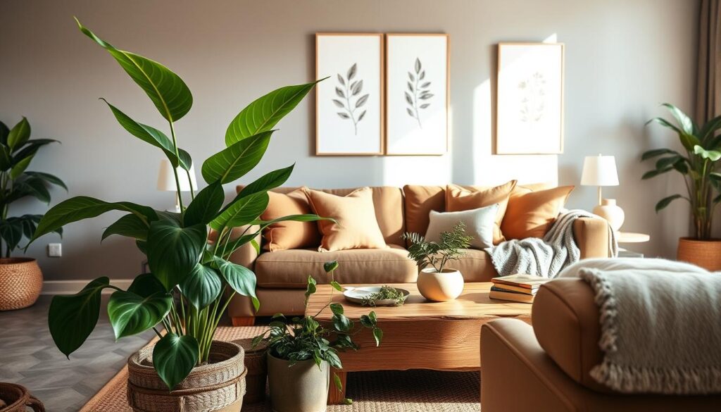 A cozy living room featuring gray walls and brown furniture, accented with lush green plants and natural decor elements. In the foreground, a vibrant monstera and a trailing pothos plant are placed in stylish pots next to a rustic wooden coffee table. The middle of the scene showcases a plush sofa adorned with earth-toned throw pillows and a textured blanket. On the walls, minimalist artwork with botanical themes adds an organic touch. In the background, a large window allows soft, warm sunlight to filter in, illuminating the space and creating a welcoming atmosphere. The overall mood is serene and inviting, perfect for a relaxing retreat. The image is shot from a slightly elevated angle, giving a comprehensive view of the decor while maintaining an intimate feel. A cozy living room featuring gray walls and brown furniture, accented with lush green plants and natural decor elements. In the foreground, a vibrant monstera and a trailing pothos plant are placed in stylish pots next to a rustic wooden coffee table. The middle of the scene showcases a plush sofa adorned with earth-toned throw pillows and a textured blanket. On the walls, minimalist artwork with botanical themes adds an organic touch. In the background, a large window allows soft, warm sunlight to filter in, illuminating the space and creating a welcoming atmosphere. The overall mood is serene and inviting, perfect for a relaxing retreat. The image is shot from a slightly elevated angle, giving a comprehensive view of the decor while maintaining an intimate feel.