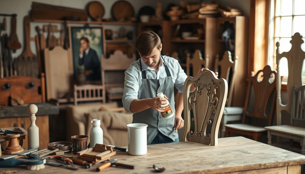 A cozy workshop setting featuring a variety of wooden furniture pieces in need of paint removal. In the foreground, a well-organized workbench displays different tools and methods for safe paint removal, including brushes, scrapers, and solvents. The middle section shows a focused individual, dressed in professional attire, carefully applying a gentle paint stripper on a chair with intricate carvings, demonstrating the technique of selecting the right method for various types of wood surfaces. In the background, soft, natural light filters through a window, casting a warm glow on the scene, enhancing the atmosphere of concentration and craftsmanship. The overall mood is productive and informative, capturing the essence of careful restoration without damaging the furniture.