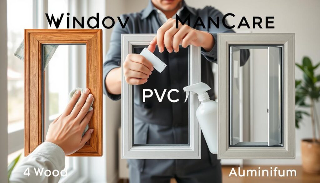 A detailed and informative visual of window frame material care, showcasing three distinct window frames made from wood, PVC, and aluminum. In the foreground, a hands-on demonstration captures a person in professional attire using appropriate cleaning tools on each frame: a soft cloth, a scraper, and a specialized cleaner. The middle ground presents a clear division between the different materials, highlighting their textures and finishes, such as the grain of wood, the smoothness of PVC, and the sleekness of aluminum. In the background, a softly lit contemporary home setting adds an inviting atmosphere. Natural light filters through a nearby window, emphasizing the cleanliness and shine of the frames. The angle captures both the action and the materials effectively, creating an educational yet aesthetically pleasing composition.