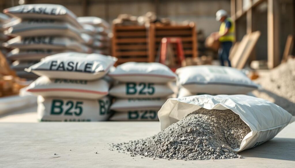 A detailed close-up image showing bags of B25 concrete stacked neatly in a construction environment. In the foreground, prominently display one open bag, spilling its contents onto a smooth, flat surface, illustrating the texture and consistency of the concrete. The middle ground features additional bags arranged methodically, with some partially open to showcase the fine gray material within. In the background, a blurred construction site with workers in professional attire demonstrating cautious handling of the bags enhances the context, while soft natural lighting casts subtle shadows, creating depth. The atmosphere is industrious yet organized, emphasizing the practicality of using bagged concrete for various construction needs. A detailed close-up image showing bags of B25 concrete stacked neatly in a construction environment. In the foreground, prominently display one open bag, spilling its contents onto a smooth, flat surface, illustrating the texture and consistency of the concrete. The middle ground features additional bags arranged methodically, with some partially open to showcase the fine gray material within. In the background, a blurred construction site with workers in professional attire demonstrating cautious handling of the bags enhances the context, while soft natural lighting casts subtle shadows, creating depth. The atmosphere is industrious yet organized, emphasizing the practicality of using bagged concrete for various construction needs.