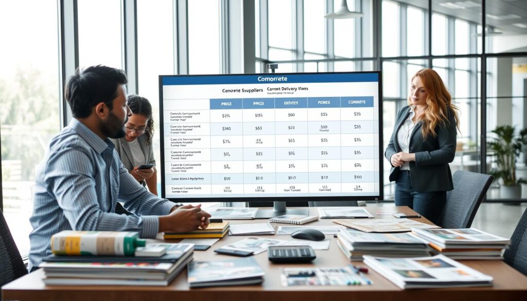 A detailed comparison of concrete suppliers in a professional setting. In the foreground, a diverse group of three professionals in business attire—two men and one woman—are gathered around a large table covered with brochures, samples of concrete, and a calculator. In the middle ground, a large screen displays a clear, organized chart comparing various concrete delivery options with visual metrics like price and delivery times. The background shows a modern office environment with large windows and natural light pouring in, creating a bright, focused atmosphere. The mood is collaborative and analytical, emphasizing careful decision-making in selecting concrete suppliers.