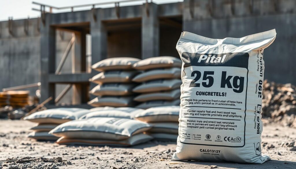 A detailed composition featuring a sturdy 25 kg concrete bag prominently displayed in the foreground, emphasizing its texture and packaging design. In the middle ground, arrange several other bags in a neat stack, showcasing efficiency in construction materials. In the background, depict a partially built concrete structure to illustrate its practical application. Utilize natural lighting to enhance shadows and details, creating a realistic atmosphere that conveys hard work and construction. The scene should evoke a sense of professionalism, with angles that highlight the bags' weight and usability. Aim for a clear, focused image showcasing the importance of 25 kg bags in concrete mixing without text or distractions.