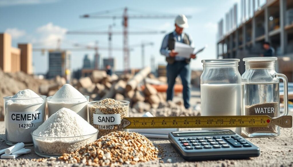 A detailed composition illustrating the factors affecting the composition of a concrete mix. In the foreground, display an assortment of materials such as cement, sand, gravel, and water, arranged in separate containers with labels showcasing their quantities. In the middle ground, include a measuring scale and a calculator, conveying a scientific approach to understanding proportions. In the background, depict a construction site with workers in professional attire analyzing blueprints and discussing the concrete mix, creating a collaborative atmosphere. Use soft, natural lighting to enhance clarity, and a slightly elevated angle to capture the entire scene effectively. The overall mood should be informative and professional, emphasizing the importance of precise ingredient ratios in concrete mixtures.