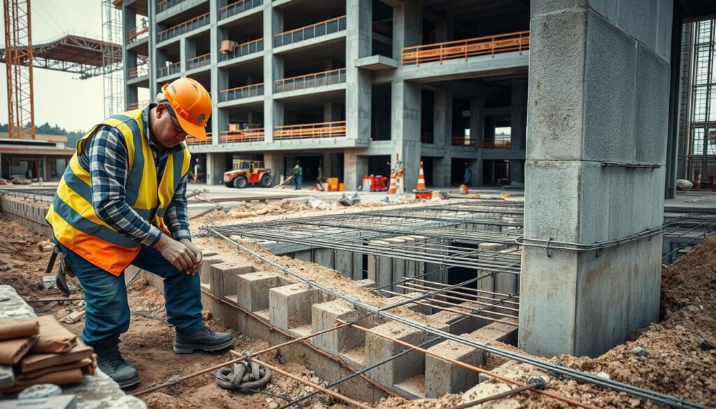 A detailed construction scene showcasing reinforced corners of foundation trenches, highlighting the continuity of rebar connections. In the foreground, a worker dressed in a hard hat and safety vest skillfully positions steel rebar in intricate patterns, emphasizing stability and strength. The middle ground reveals an array of reinforced concrete beams and foundation forms, with clearly visible rebar mesh meticulously placed at the corners. The background features a partially constructed building, surrounded by construction equipment and materials. Soft lighting creates a focused mood, illuminating the structure's angular features. The scene is captured from a low angle to enhance the depth and complexity of the engineering details, immersing viewers in a professional construction environment. No text or logos present, purely an instructional representation of reinforced foundation techniques.
