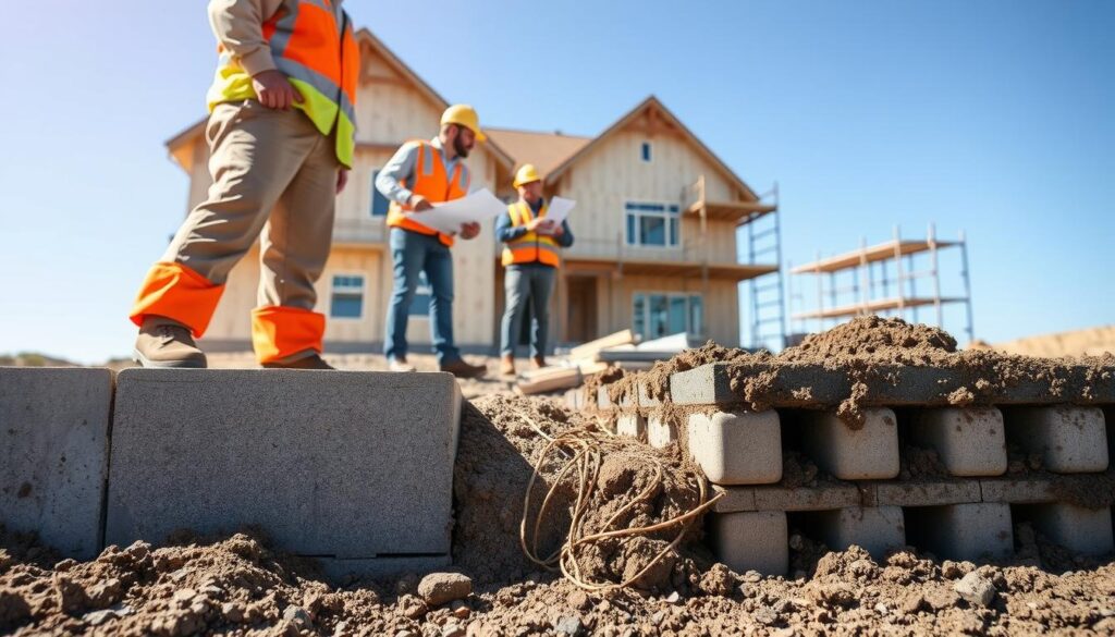 A detailed construction site focusing on foundation types for a residential home. In the foreground, display two distinct sections of foundation: a sturdy concrete slab and a series of reinforced footings. The middle ground should showcase construction workers in safety gear, carefully examining soil samples and blueprints with one pointing towards the two foundation types. In the background, depict a partially constructed house with scaffolding, set against a clear blue sky. The lighting is bright and natural, emphasizing the textures of the concrete and soil. Capture a professional, informative atmosphere, highlighting the importance of choosing the right foundation type for stability and safety.