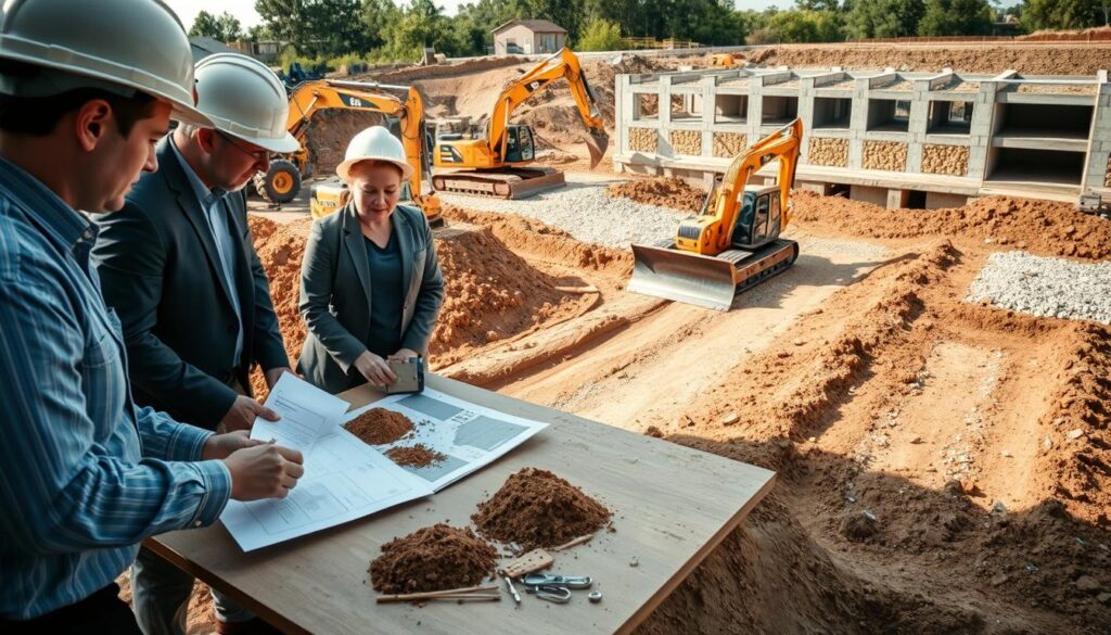 A detailed construction site showcasing the process of preparing building foundations tailored to varying soil conditions. In the foreground, a team of professionals in safety helmets and business casual attire examines soil samples and foundation plans on a table. The mid-ground features heavy machinery like excavators and bulldozers actively digging and leveling the ground, revealing different soil types, such as clay, sand, and gravel. The background displays a partially constructed building site with concrete forms set up for pouring foundations. Soft, natural lighting enhances the atmosphere, casting shadows that add depth. The scene is captured from a low-angle perspective, emphasizing the scale of the machinery and the importance of the groundwork for a stable foundation.