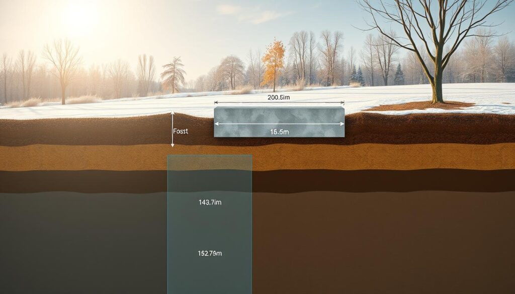 A detailed cross-section illustration showcasing the frost zone of soil and the width of a foundation base, emphasizing the interaction between ground temperature and foundation design. In the foreground, show a clear delineation of the frost line, indicated with subtle blue tones to represent cold temperatures. The middle layer should feature a well-constructed concrete foundation, with measurements displayed to illustrate its depth and width clearly, surrounded by soil. In the background, depict a landscape with seasonal trees and a soft winter sky illuminated by diffused sunlight to create a calm and educational atmosphere. Use a slight aerial view to capture the entire scene, providing a comprehensive understanding of the grounding principles in construction. No text or additional markings should be present.