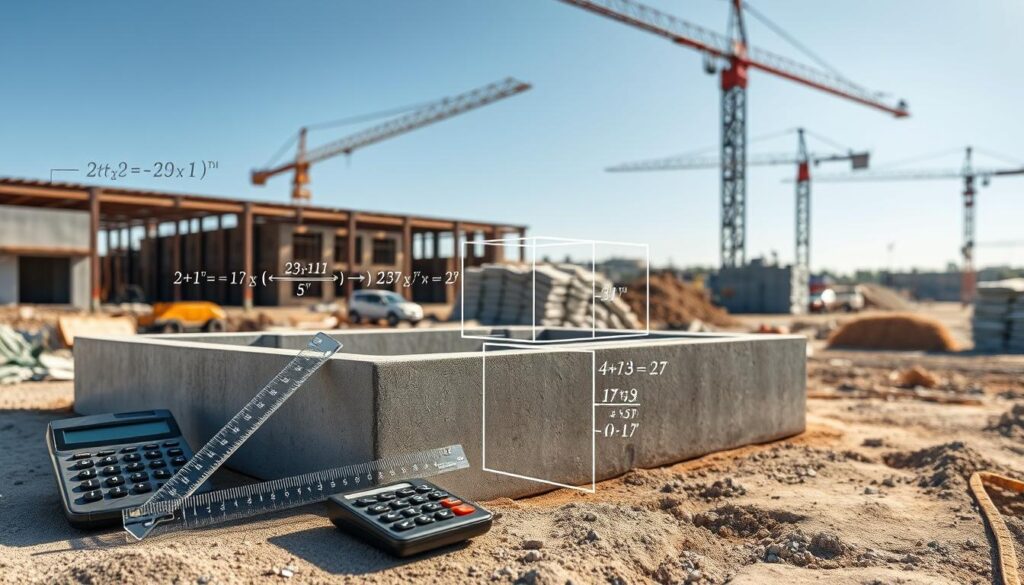 A detailed diagram illustrating the formula for calculating the volume of concrete, prominently featuring mathematical symbols and calculations. In the foreground, include transparent measuring tools like rulers and a calculator, meticulously placed to imply precision. The middle ground should display a partially constructed concrete foundation with cubic measurements superimposed on it, highlighting dimensions relevant to foundation planning. In the background, a construction site scene with cranes and piles of raw materials engaged in a sunny atmosphere, casting soft shadows to evoke a professional yet approachable mood. Bright, natural lighting enhances clarity, and the angle is slightly overhead for a comprehensive view, ensuring all elements harmonize around the concrete volume formula without any text or distractions.
