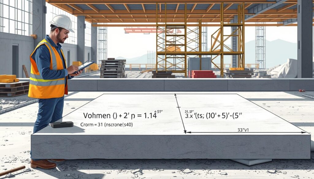 A detailed illustration featuring a construction worker in professional attire calculating the volume of concrete for a floor slab. In the foreground, include a clear diagram showing the formula for calculating concrete volume, incorporating labels and measurements. The middle layer should depict a concrete slab with dimensions and thickness marked, along with uneven ground textures. In the background, showcase a construction site with scaffolding and machinery, all under natural daylight with soft shadows for a realistic effect. The mood should be professional and educational, emphasizing accuracy and attention to detail in the calculation process. The angle should be slightly elevated to provide a comprehensive view of the scene.
