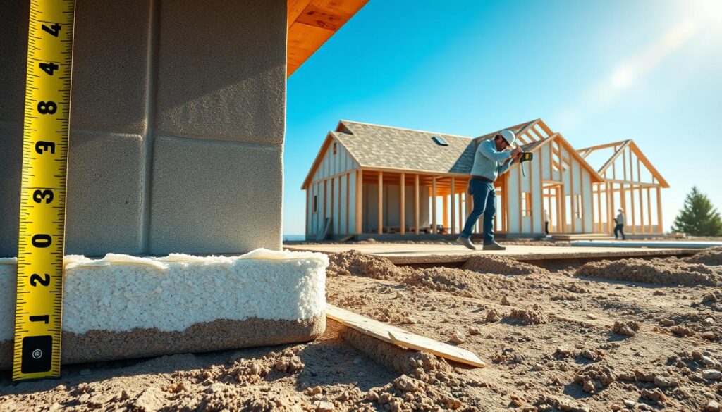 A detailed illustration of a construction site showcasing the insulation of building foundations. In the foreground, a measure tape and a foundation wall, clearly displaying different thicknesses of insulation material applied around the base. In the middle ground, a construction worker in professional attire is installing the insulation, using tools like a level and a knife. The background features a half-completed house structure, surrounded by a clear blue sky, with sunlight casting sharp shadows, creating a bright, professional atmosphere. The scene should convey a sense of precision and technical expertise, emphasizing the importance of correct insulation depth and thickness. Focus on clarity and realism, with attention to materials, textures, and the working environment.