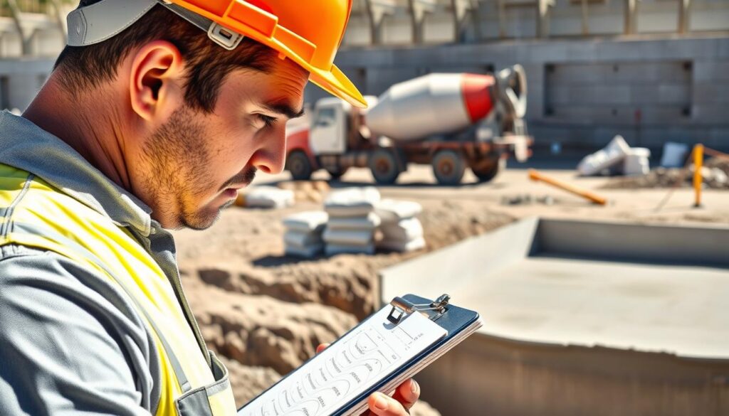 A detailed illustration of common mistakes in calculating concrete for foundations. In the foreground, a close-up of a construction worker in a hard hat, focused on a clipboard with calculations, showcasing confusion. In the middle ground, visualize a construction site scene with a concrete mixer truck, several bags of concrete scattered, and a faulty measurement tool emphasizing errors. In the background, display a partially built foundation with an uneven concrete surface, highlighting the consequences of miscalculations. The lighting is bright and natural, casting soft shadows to create an informative and serious atmosphere, ideal for educating the viewer on proper concrete calculation techniques.