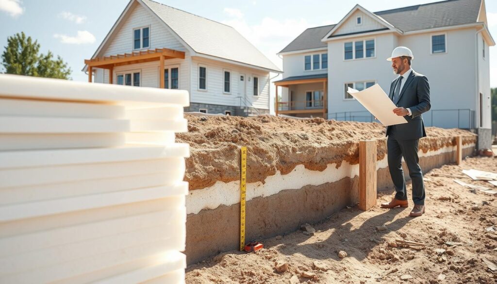 A detailed illustration of foundation insulation planning, showcasing the depth and thickness of XPS foam insulation around a building's foundation. In the foreground, display raw XPS insulation sheets, neatly arranged. The middle ground should feature a partially excavated foundation showing the insulation installed at varying depths, with a measuring tape next to the insulation for clarity. In the background, depict a residential building under construction, emphasizing the importance of effective insulation. Use natural daylight to create a bright and inviting atmosphere, with shadows cast by the structure giving dimension. A professional architect in business attire examines the foundation, holding plans, emphasizing the technical aspect of the project. The image should convey a sense of diligence and professionalism in construction planning.