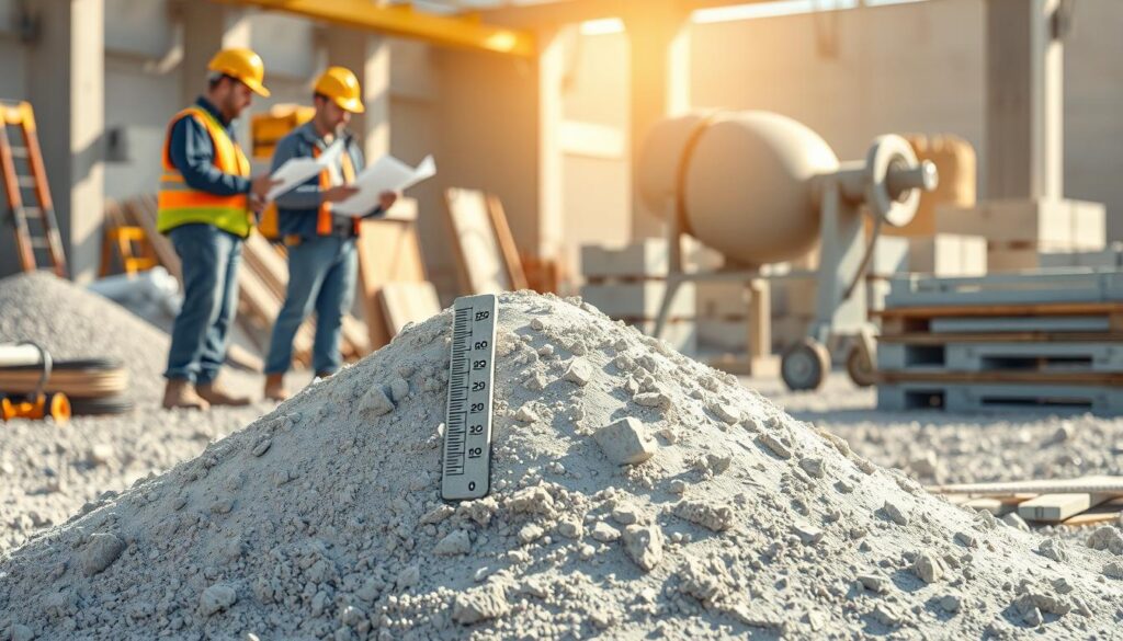 A detailed illustration representing the concept of "mixing density coefficient" for concrete mixtures, prominently featured in a construction setting. In the foreground, visualize a pile of freshly mixed concrete with a measuring scale partially submerged, illustrating the density assessment process. The middle ground showcases construction workers in professional attire, examining blueprints and mixing concrete in a mixer. In the background, a well-lit construction site with various tools, aggregates like gravel and sand, and a slightly blurred view of concrete forms adds depth to the scene. The atmosphere should feel industrious yet organized, with natural daylight casting soft shadows, emphasizing the technical aspect of material preparation and density calculation in concrete work.