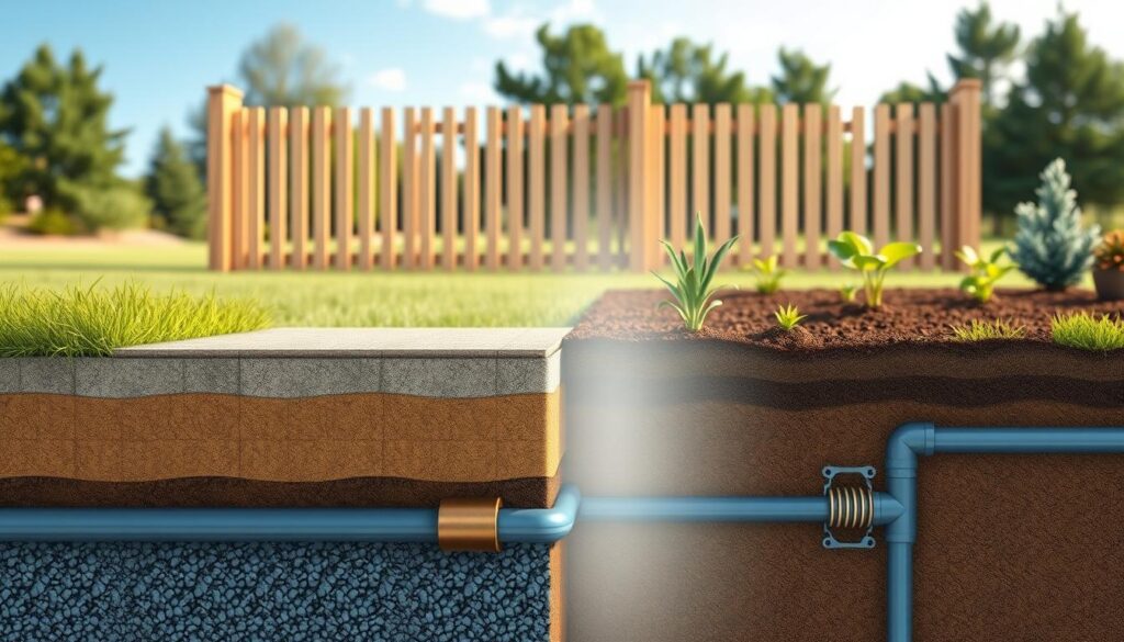 A detailed illustration showcasing the foundation isolation and drainage systems for a fence installation. In the foreground, depict a cross-section of a well-constructed foundation with visible insulation board and drainage pipes, emphasizing the layers of gravel and concrete used. In the middle ground, illustrate the structured landscaping around the foundation, featuring plants and soil that interact with the drainage system. The background should show a tranquil outdoor setting with a newly erected fence, framed by trees and a blue sky. The lighting is soft and natural, highlighting the textures of the materials. The mood should be calm and professional, conveying precision in construction and care in prevention against frost damage.
