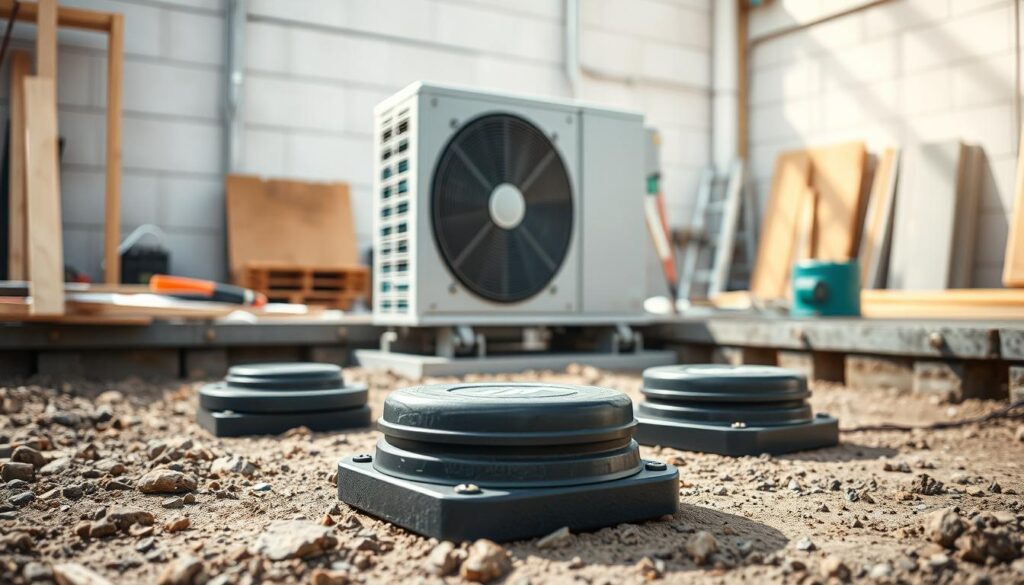 A detailed scene featuring a heat pump situated on vibration isolators, surrounded by a well-structured, solid foundation. In the foreground, emphasize the unique wibroizolatory system, showing rubber mounts and isolation pads. The middle ground highlights the heat pump itself, expertly aligned, showcasing its sleek, modern design. In the background, include a professional setting, depicting a clean, organized site with construction materials and tools. Natural sunlight illuminates the scene, creating a bright and inviting atmosphere. Capture the angle from a slightly elevated perspective to accentuate the setup's stability and precision, conveying a sense of professionalism and technical expertise. The overall mood is focused and industrious, without any text or distractions. A detailed scene featuring a heat pump situated on vibration isolators, surrounded by a well-structured, solid foundation. In the foreground, emphasize the unique wibroizolatory system, showing rubber mounts and isolation pads. The middle ground highlights the heat pump itself, expertly aligned, showcasing its sleek, modern design. In the background, include a professional setting, depicting a clean, organized site with construction materials and tools. Natural sunlight illuminates the scene, creating a bright and inviting atmosphere. Capture the angle from a slightly elevated perspective to accentuate the setup's stability and precision, conveying a sense of professionalism and technical expertise. The overall mood is focused and industrious, without any text or distractions.