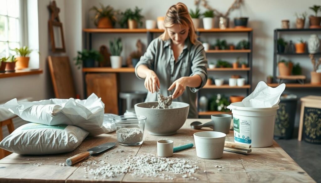 A detailed scene of preparing a concrete or adhesive mixture in a well-lit workshop environment. In the foreground, a sturdy wooden table displays various tools, including a mixing bowl, a trowel, and a measuring cup, surrounded by bags of concrete powder and tools like gloves and a water bucket. In the middle, a person in modest casual clothing skillfully mixes the components together, with focused determination. The background features shelves filled with gardening materials and completed DIY projects, enhancing the creative atmosphere. Soft, natural lighting filters through a nearby window, casting gentle shadows, while the overall mood is one of hands-on craftsmanship and creativity, ideal for crafting unique garden planters.