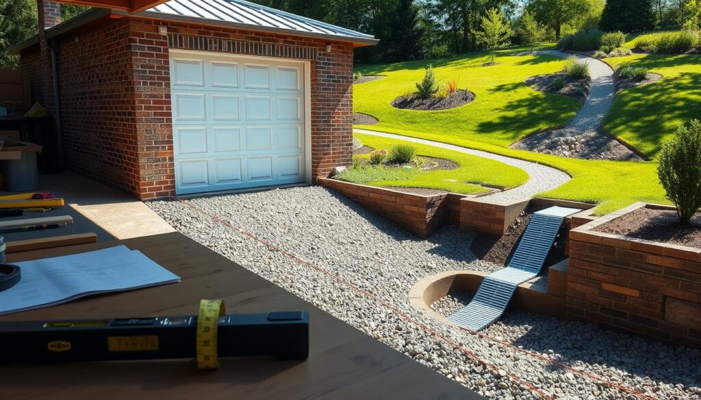 A detailed scene showcasing a garage surrounded by a well-planned drainage area, illustrating the slope and water flow design. In the foreground, show a neatly organized workspace with tools like a level, measuring tape, and string, used for marking straight angles. The middle ground features the garage itself, constructed with bricks and a metal roof, highlighting its foundation and adjacent drainage channels filled with gravel. In the background, a gentle slope leads away from the garage, lush green grass, and landscaping elements that direct water away. The lighting is natural and bright, simulating a sunny day, with shadows cast by the garage, creating a serene, professional atmosphere ideal for construction planning. A detailed scene showcasing a garage surrounded by a well-planned drainage area, illustrating the slope and water flow design. In the foreground, show a neatly organized workspace with tools like a level, measuring tape, and string, used for marking straight angles. The middle ground features the garage itself, constructed with bricks and a metal roof, highlighting its foundation and adjacent drainage channels filled with gravel. In the background, a gentle slope leads away from the garage, lush green grass, and landscaping elements that direct water away. The lighting is natural and bright, simulating a sunny day, with shadows cast by the garage, creating a serene, professional atmosphere ideal for construction planning.